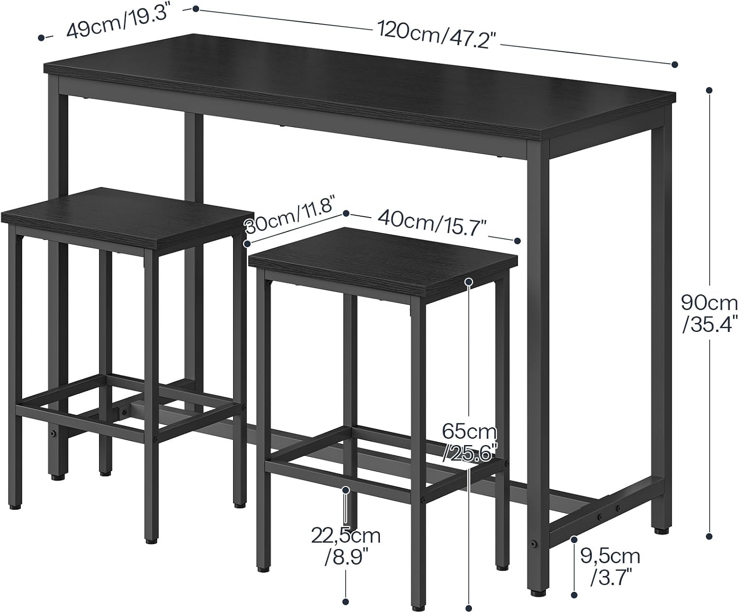 HOOBRO Bar Table and Chairs Set, 47.2” Rectangular Pub Table with 2 Stools for Small Space, 3-Piece Breakfast stools Set, Sturdy Metal Frame