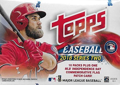 2018 Topps Baseball Series #2 Unopened Blaster Box with 10 Packs and One Exclusive Independence Day Commemorative Flag Patch Card and Possible