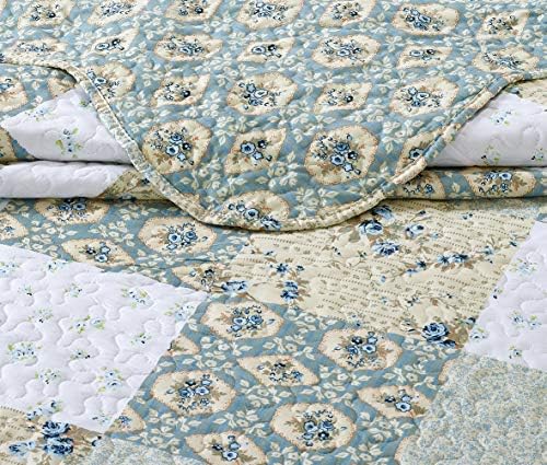 New Reversible 3pc Floral Printed Patchwork Blue/Green Bedspread/Quilt Set Matching Curtains Available (King/Cal King Size)