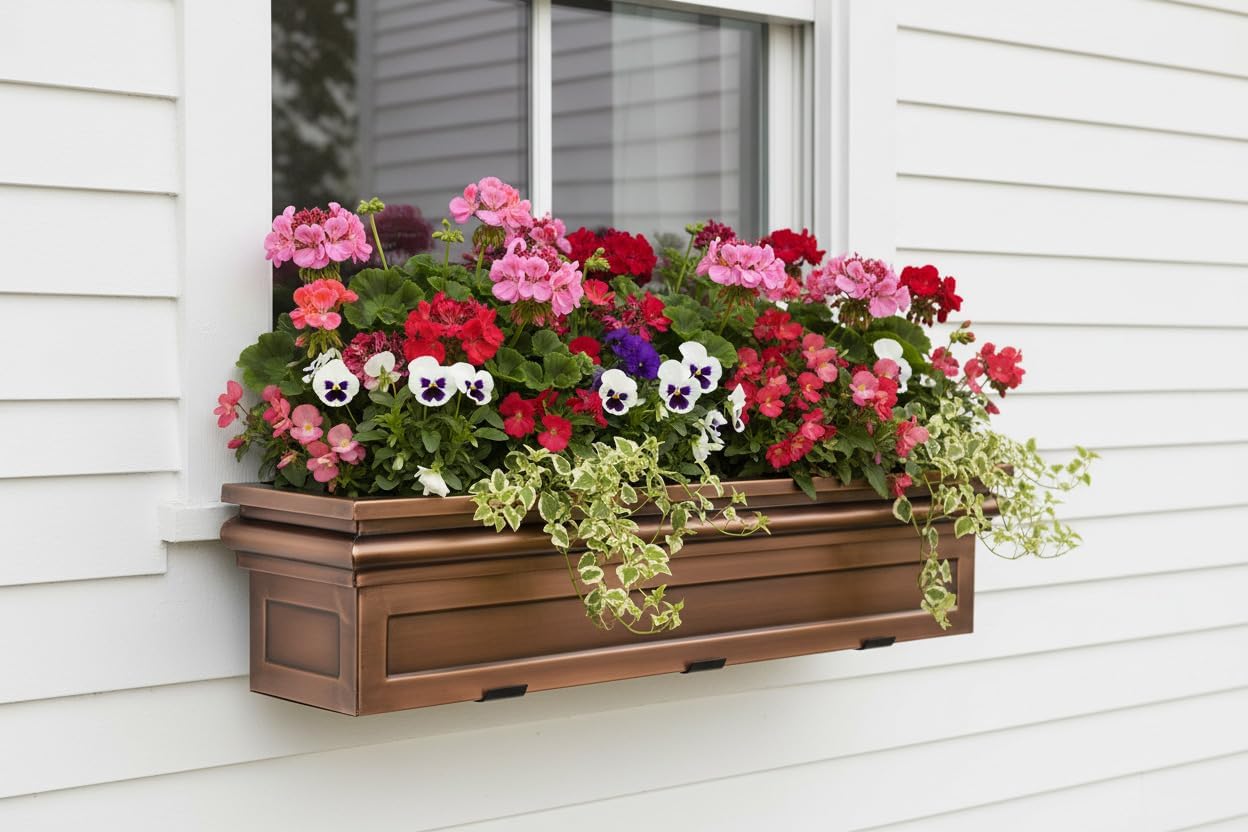 H Potter 36" Copper Finish Window Box Planter with Iron Brackets | Metal Outdoor Flower Box, Flat Back Design, Garden Accent