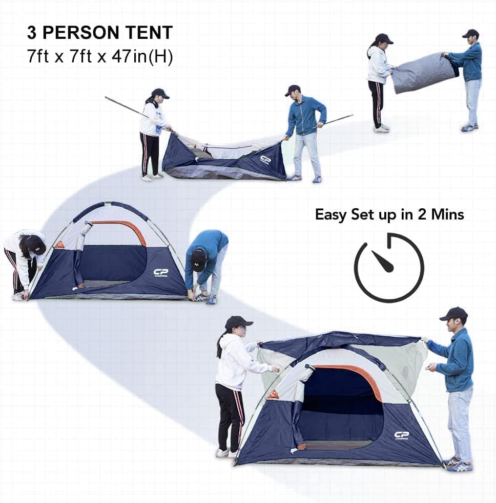 CAMPROS CP 3 Person Tent, Waterproof Dome Tents for Camping with Rainfly