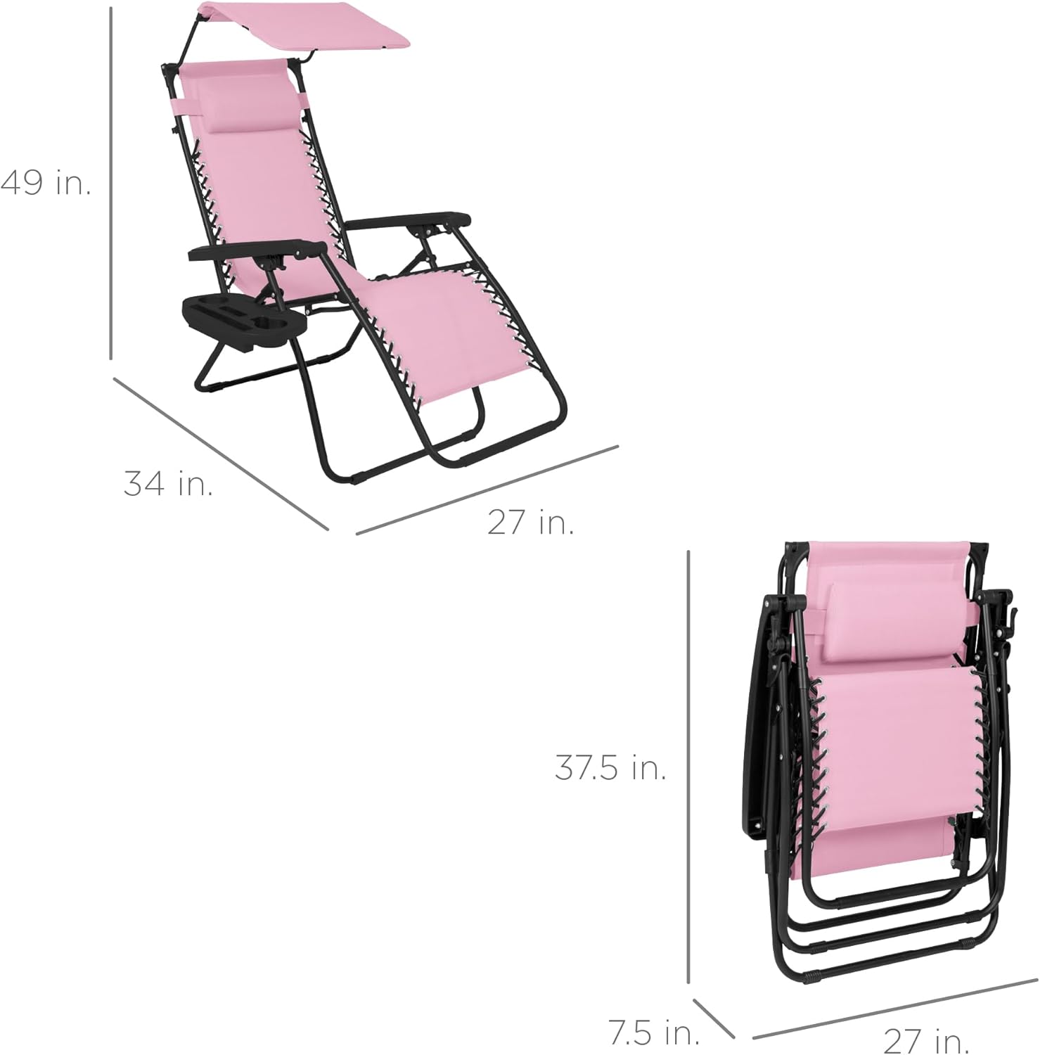 Best Choice Products Folding Zero Gravity Outdoor Recliner Patio Lounge Chair w/Adjustable Canopy Shade, Headrest, Side Accessory Tray, Textilene Mesh - Beige