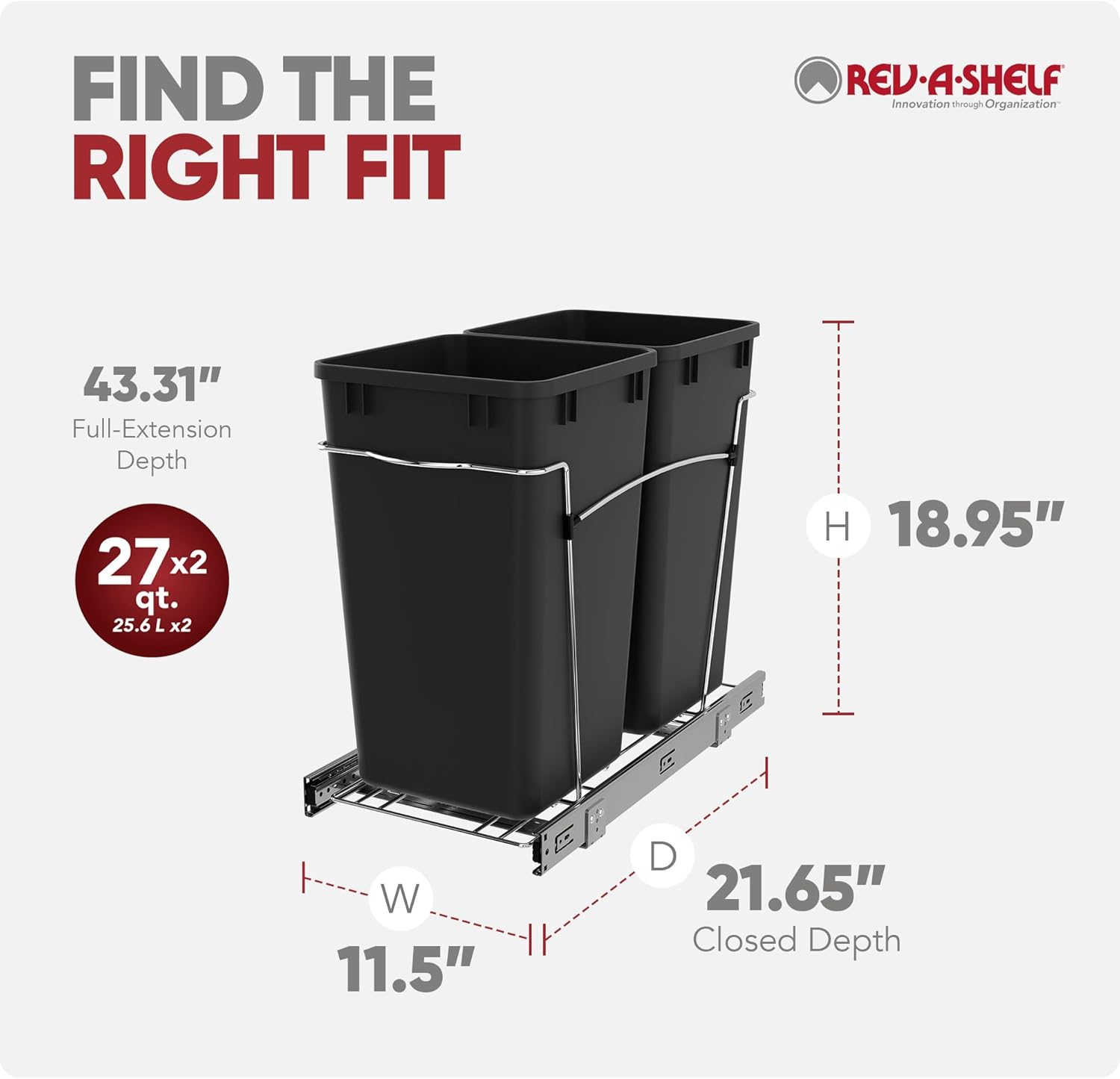 Rev-A-Shelf Double 27 Qt Pullout Trash Can for Base Kitchen Cabinets, Garbage Waste Bin System with Full Extension Slides, Min Opening Width of 11.5", Metallic Silver, RV-15KD-17C S