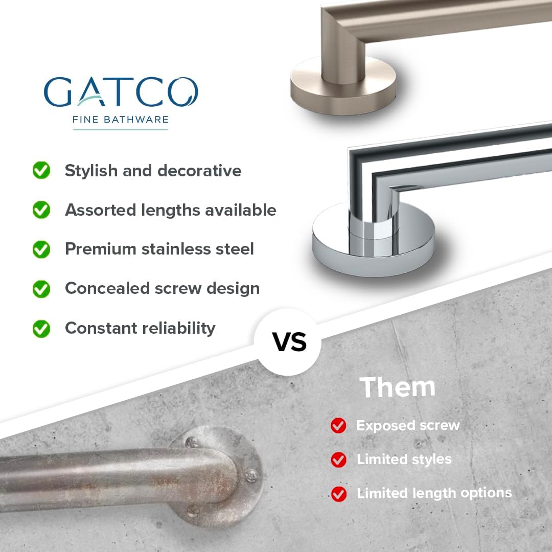 Gatco 970 Glam Shower Grab Bar, 12 Inch, ADA Compliant Stainless Steel, Satin Nickel, Wall Mounted Bathroom Handrail