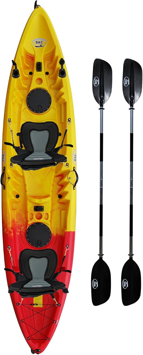 BKC Brooklyn 12.5 Tandem Fishing Kayak, 2 to 3 Person Sit-on-Top | 600 lb capacity, 2 padded seats, 2 paddles, 6 rod holders, motor-ready mount, for lakes, rivers and coastal water