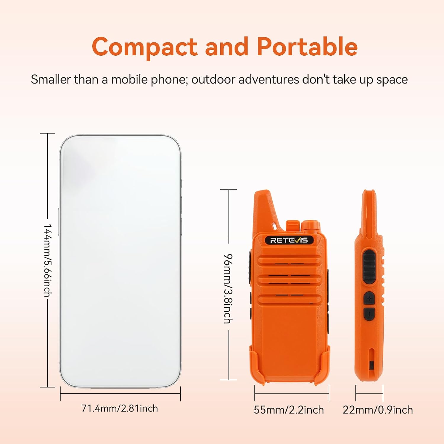 Retevis RT22 Walkie Talkies Long Range Rechargeable with Earpiece (2 Pack) | Slim & Lightweight 2 Way Radio For Camping & Hiking, Pocket-Friendly Antenna, Ready to Use, 10-Hour Battery, USB-C Charging