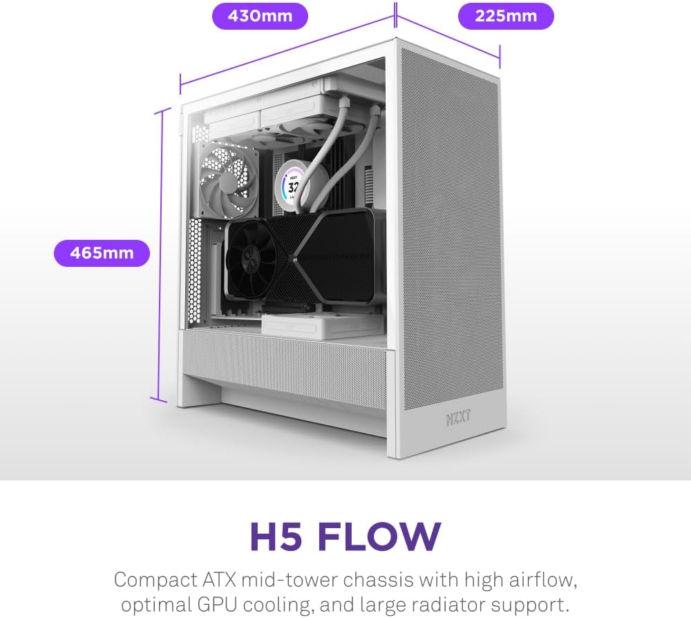 NZXT H5 Flow RGB - Compact ATX Mid-Tower PC Case - White | Compact mid-tower with included F360 RGB Core fans, 360mm radiator support, tempered glass. CAM-ready RGB out of the box.