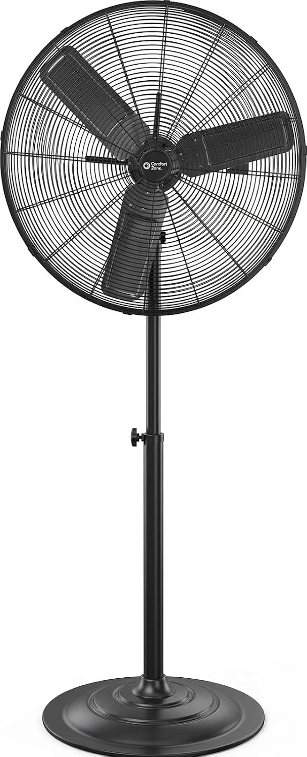 Comfort Zone Industrial Pedestal Fan, 30 inch, 3 Speed, High Velocity, Adjustable Height 56” to 76”, Metal, Meets OSHA Standards