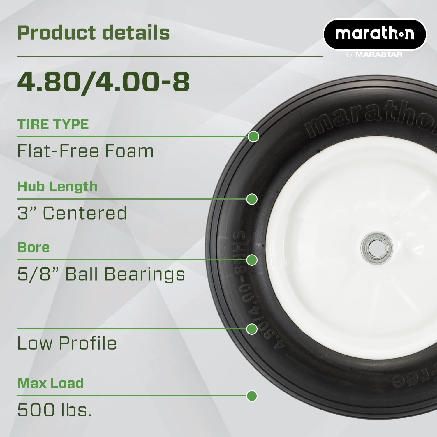 Marathon 4.80/4.00-8" Flat Free Tire on Wheel, 3" Hub, 5/8" Bearings, Ribbed Tread