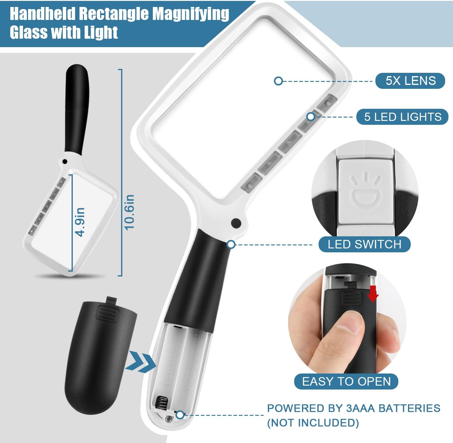 Folding Handheld Magnifying Glass with Light, 5X Large Rectangle Reading Magnifier with Dimmable LED for Seniors with Macular Degeneration, Newspaper