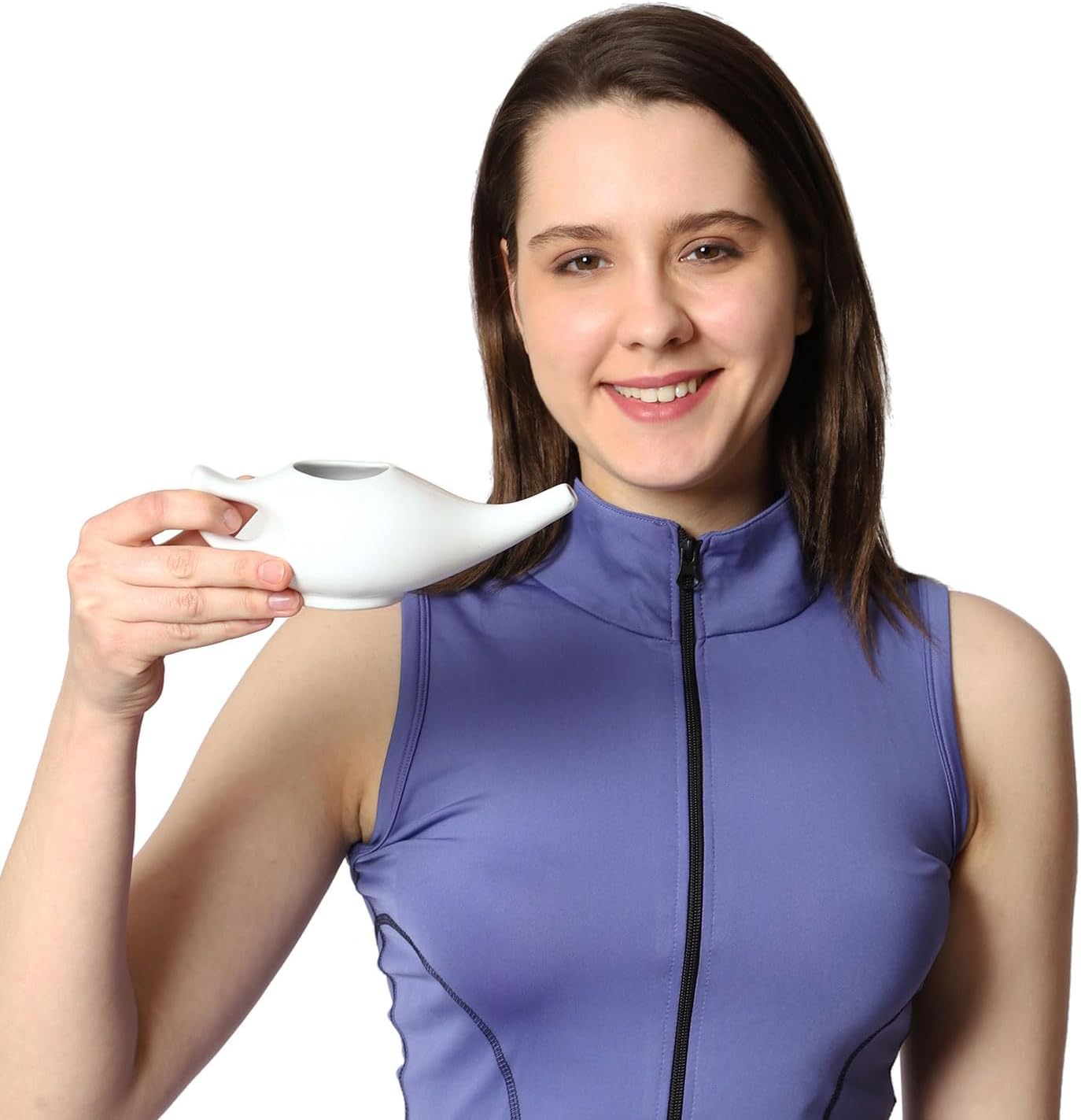 Ceramic Neti Pot Premium Handcrafted, Nose Cleaner for Sinus Dishwasher Safe with 2 Silicone Nozzle Tip, 225 Ml Capacity - White Color