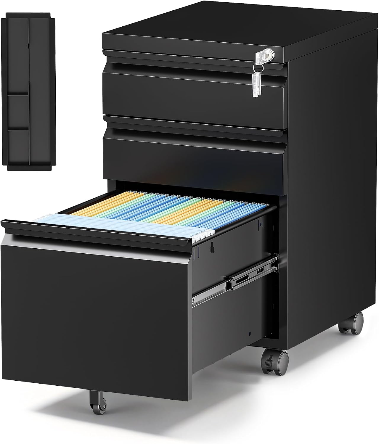 3 Drawer File Cabinet with Lock,Mobile Lateral Filing Cabinet with Side Hook for Letters/Legal/A4, Metal Printer Stand Storage Cabinets with Shelves for Home Office(Black)