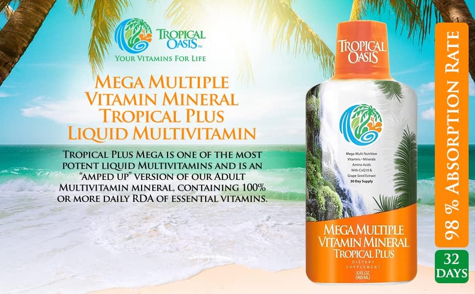 Tropical Oasis Mega Plus - Liquid Multivitamin and Mineral Supplement – Includes 85 Vitamins & Minerals, 20 Amino Acids + CoQ10