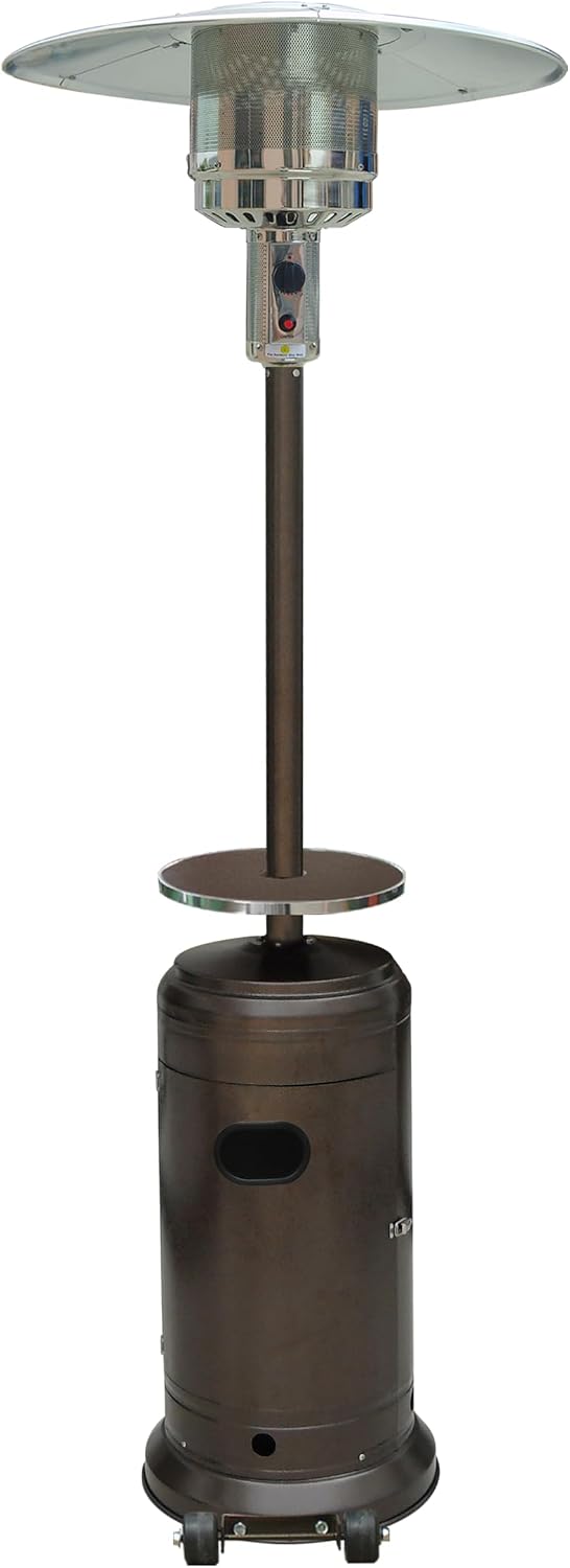 AZ Patio Outdoor Propane Gas Patio Heater, 48K BTU's, Open Door Design, Adjustable Table, Single pole, Weight Bladder Included, Regulator and Hose, Hammered Bronze Finish