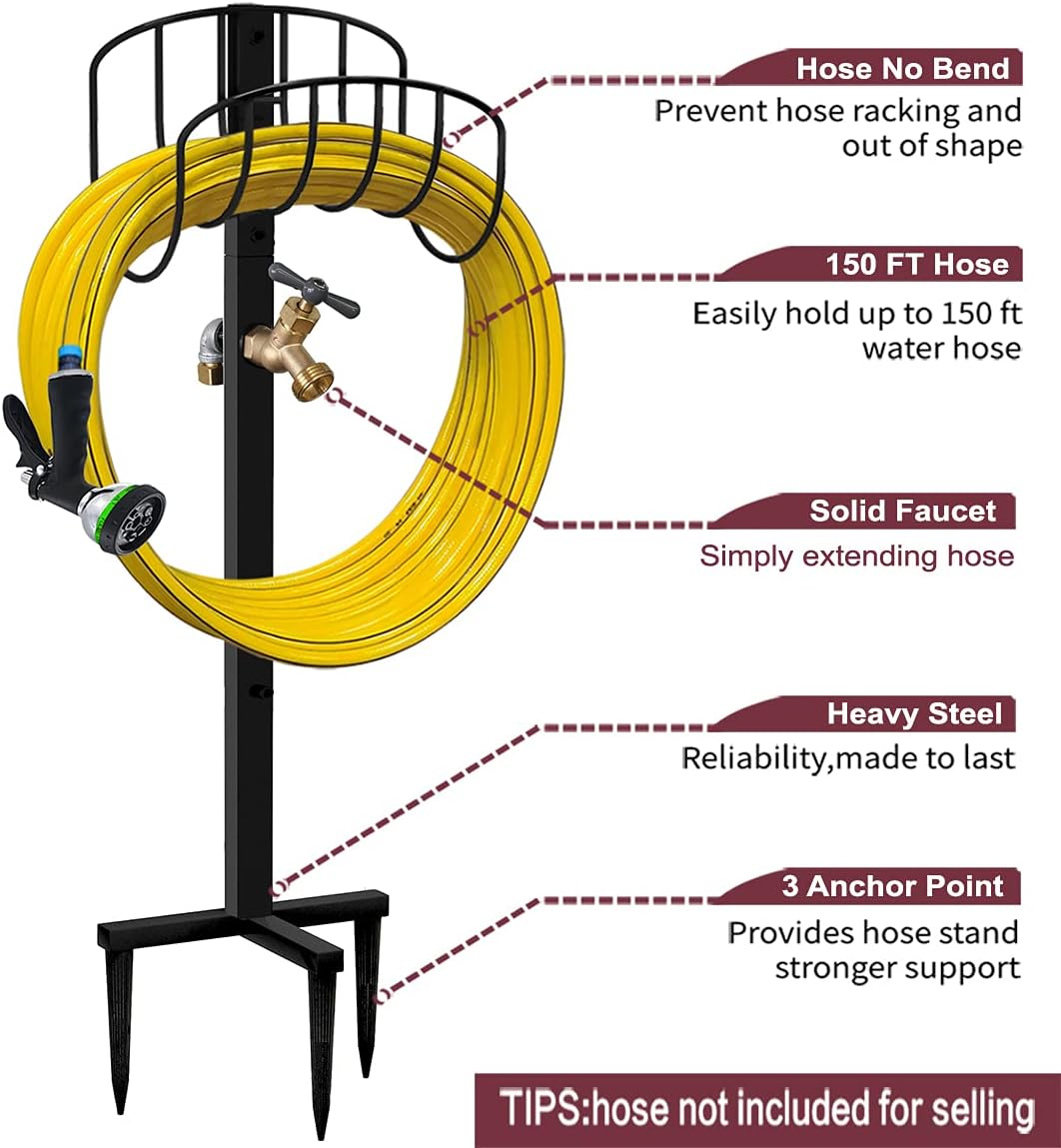 Artigarden Freestanding Garden Hose Holder Hanger, Heavy Duty Metal Water Hose Reel Storage Stand Rack for Yard Lawn, Bright Black (Hose not Included)