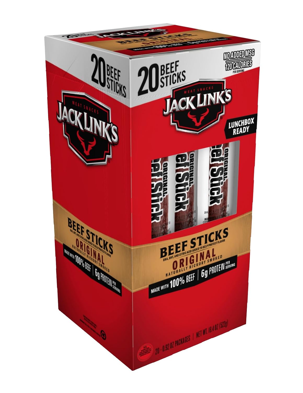 Jack Link's Original Beef Jerky Sticks - Made with 100% Real Beef - Ready to Eat Real Meat Protein Snacks - 6g Protein per Serving - 0.92 oz Meat Stick, 20 Count