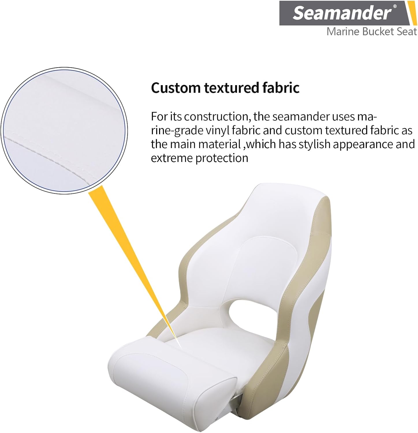 Seamander Boat Captains Chair,Captain Bucket Seat with Flip Up Bolster,Integral Rotomolded Frame, Premium EPDM Foam Material, Marine Grade Vinyl (A-White/Charcoal)