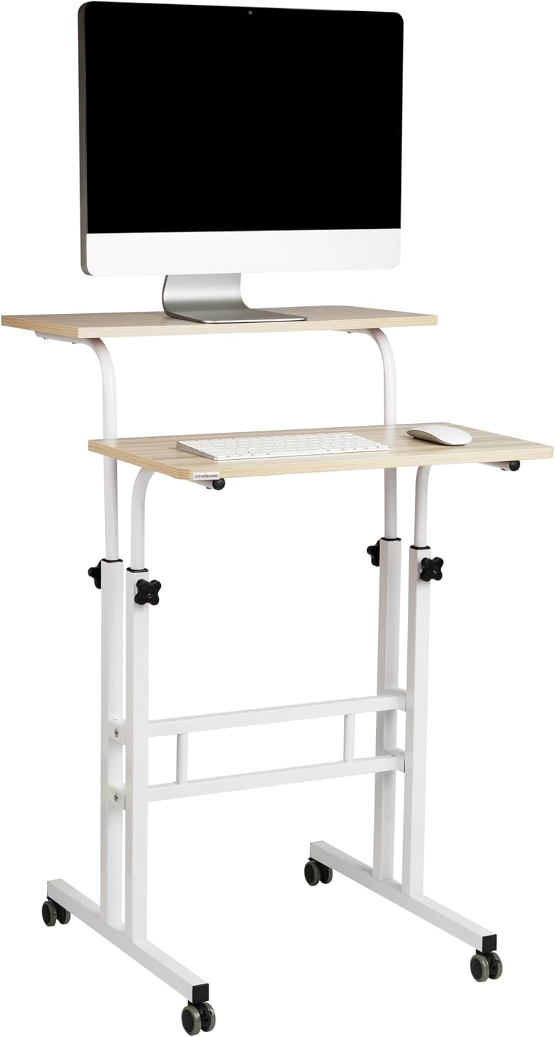 Mind Reader Standing Desk, Adjustable Height Laptop Workstation, Portable Rolling Desk on Wheels, Two-Tier Metal Frame, Black
