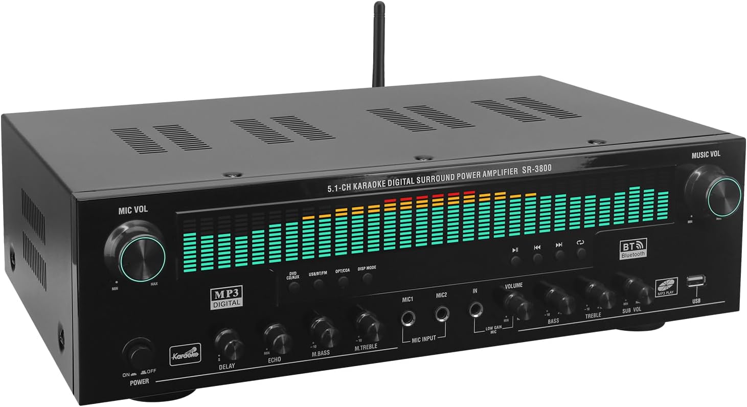 5.1 Channel Karaoke Amplifier with Mic Input, Home Audio Surround Sound Amplifier with Optical, Coaxial & RCA Inputs, Subwoofer Support for TV