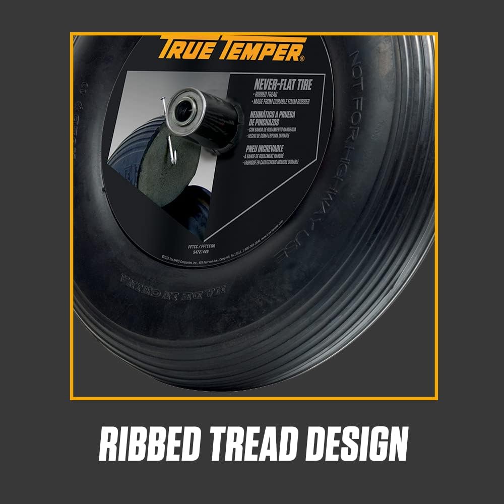 True Temper FFTCC 8 in. Hub Never Flat Wheelbarrow Tire with Ribbed Tread, 8-Inch,Black