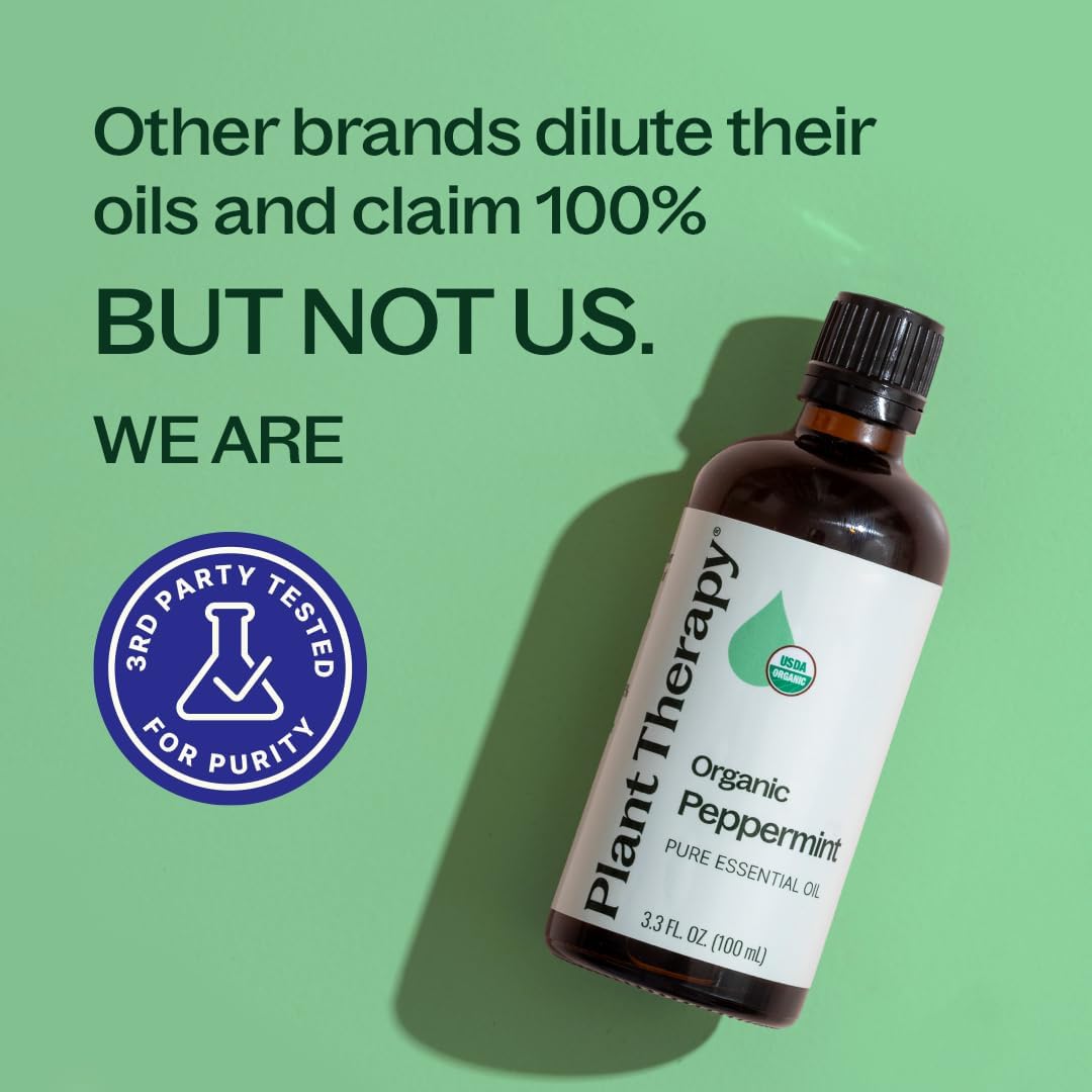 Plant Therapy Organic Peppermint Essential Oil, 100 mL (3.3 oz), 100% Pure and Undiluted, USDA Certified Organic, for Diffusion, Skin, and Hair