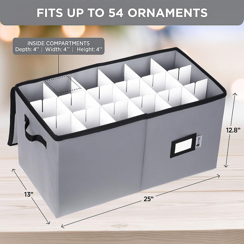 Christmas Ornament Storage Container with Dividers - Box Stores Up to 54 Ornaments, Zippered, Convenient, Adjustable