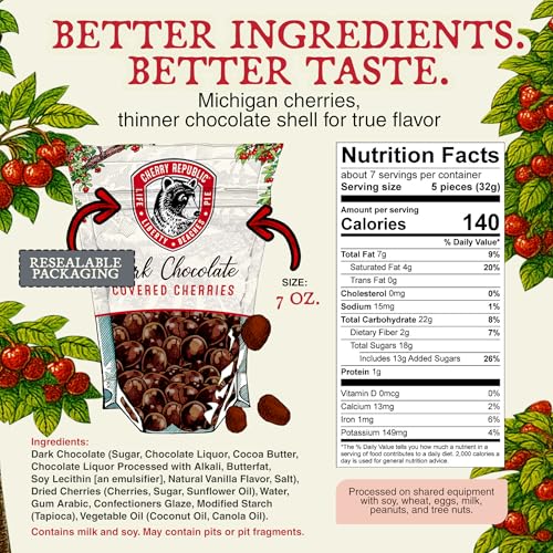 Cherry Republic Dark Chocolate Covered Cherries, 7 oz Bag | Premium Montmorency Dried Cherries Coated in Rich 60 Percent Dark Chocolate, Balanced Tart and Sweet Flavor, Made in Michigan