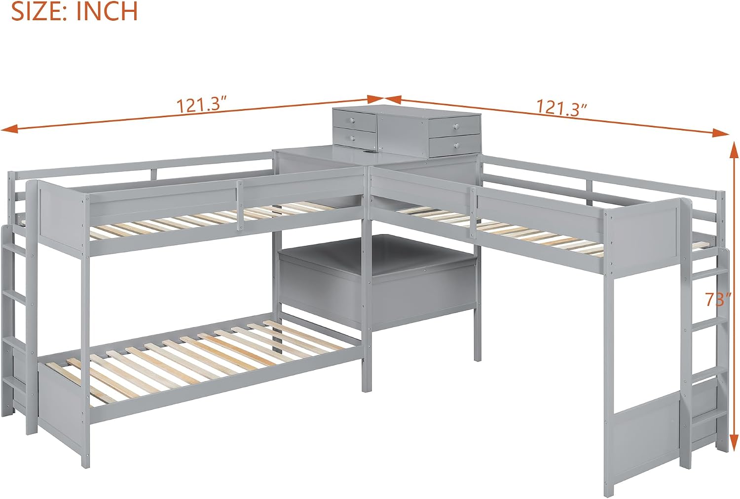 Harper & Bright Designs Twin L-Shaped Bunk Bed with Trundle, Can be Divided into Two L-Shaped Beds, No Spring Box Needed (Grey)