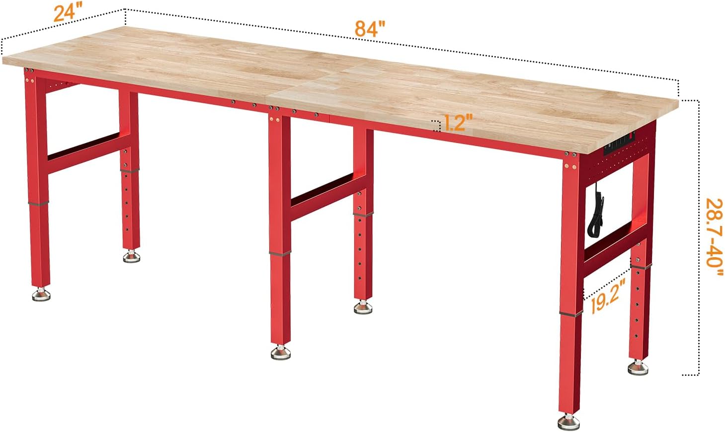 SPECRAFT Adjustable Black Heavy-Duty Workbench | 2000 Lbs Capacity, Rubber Wood Top, 4 AC Outlets and 2 USB Ports, for Garage, Workshop and Office