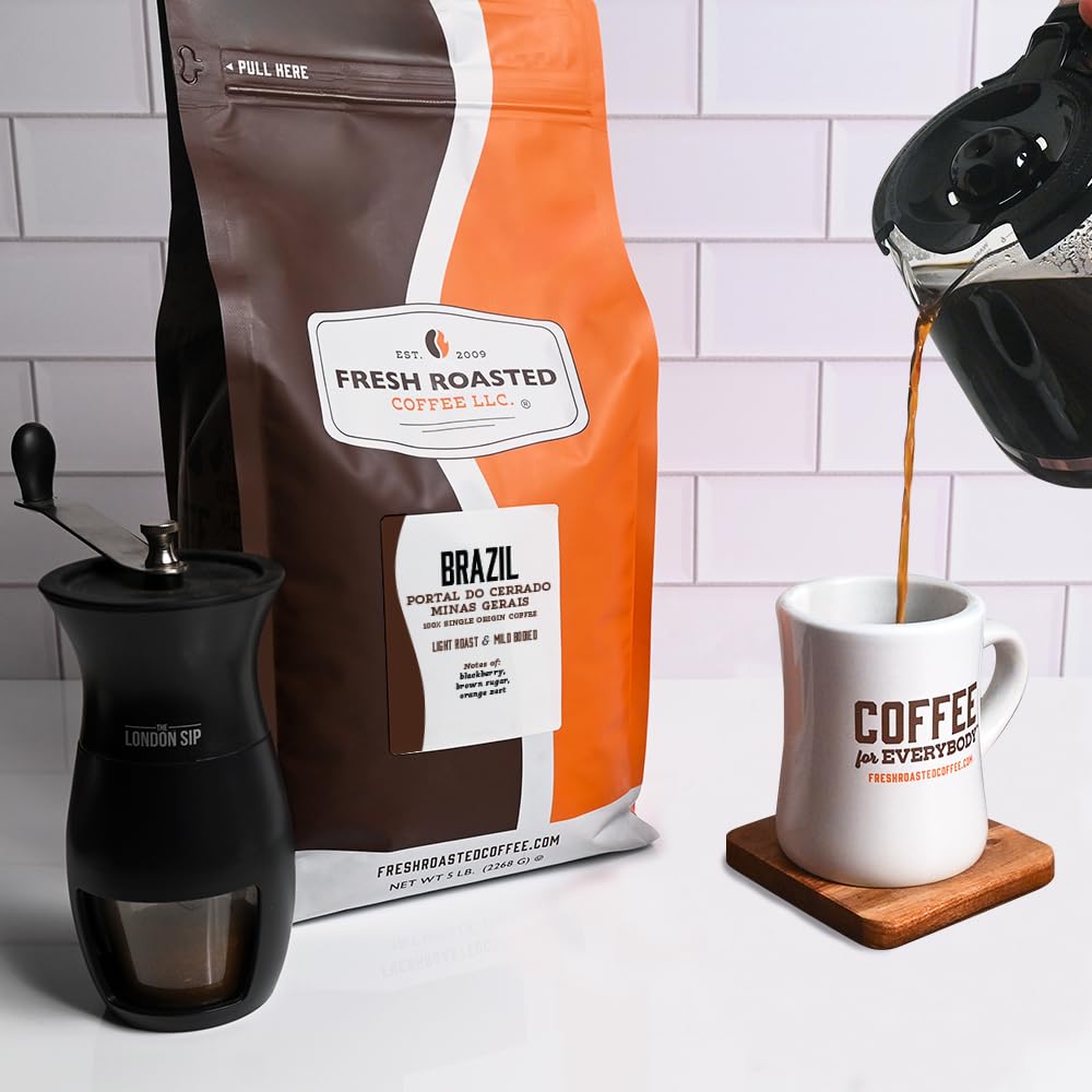 Fresh Roasted Coffee, Dark Brazil Whole Bean Coffee, Med-Dark Roast, Kosher, 5 lb (80 oz)