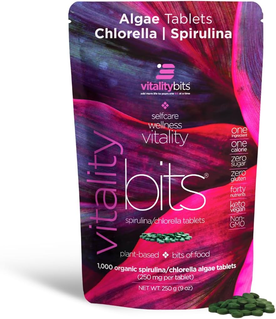 VITALITYbits Spirulina Chlorella Tablets, Organic Algae Blend, 1000 Tablets
