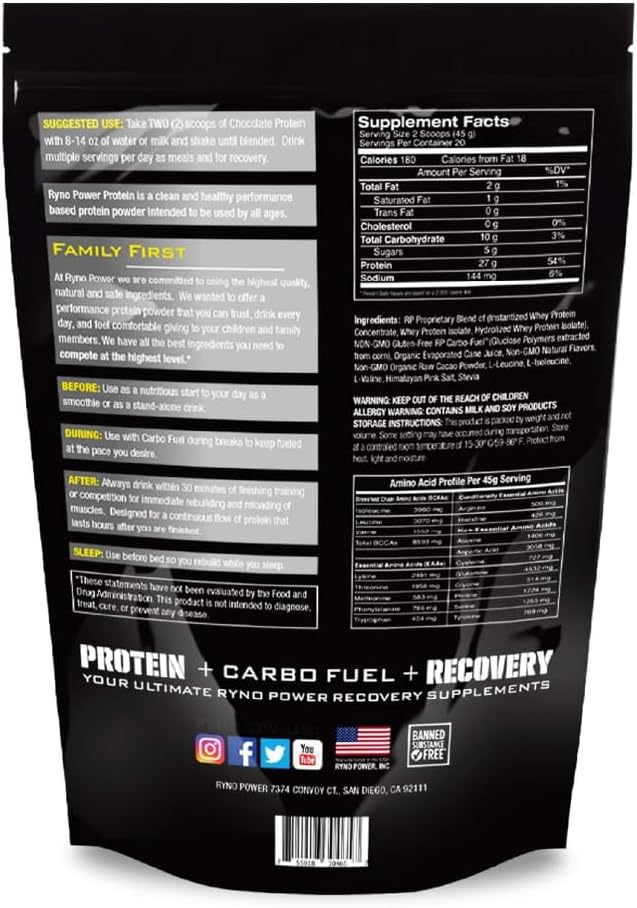 Ryno Power All Natural Whey Protein 2lb (20 Servings) 'Chocolate' - 100% Whey Protein Blend & No Fillers - Non GMO
