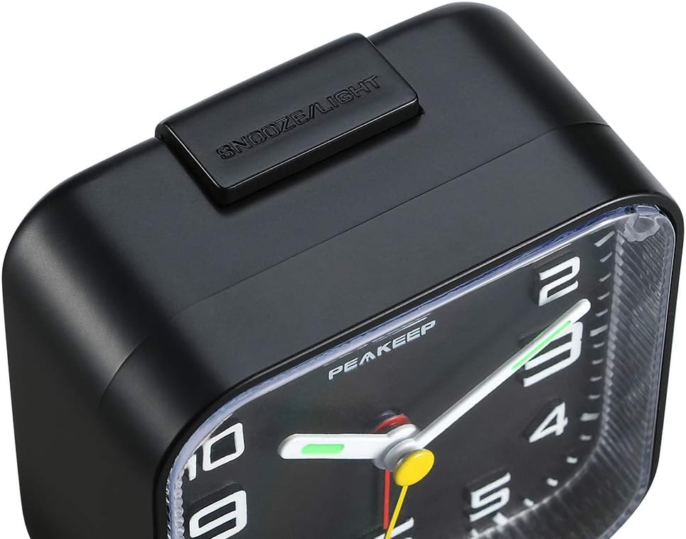 Peakeep Small Battery Operated Analog Travel Alarm Clock Silent | No Ticking, Lighted on Demand and Snooze, Beep Sounds, Gentle Wake, Ascending Alarm, Easy Set (Black)