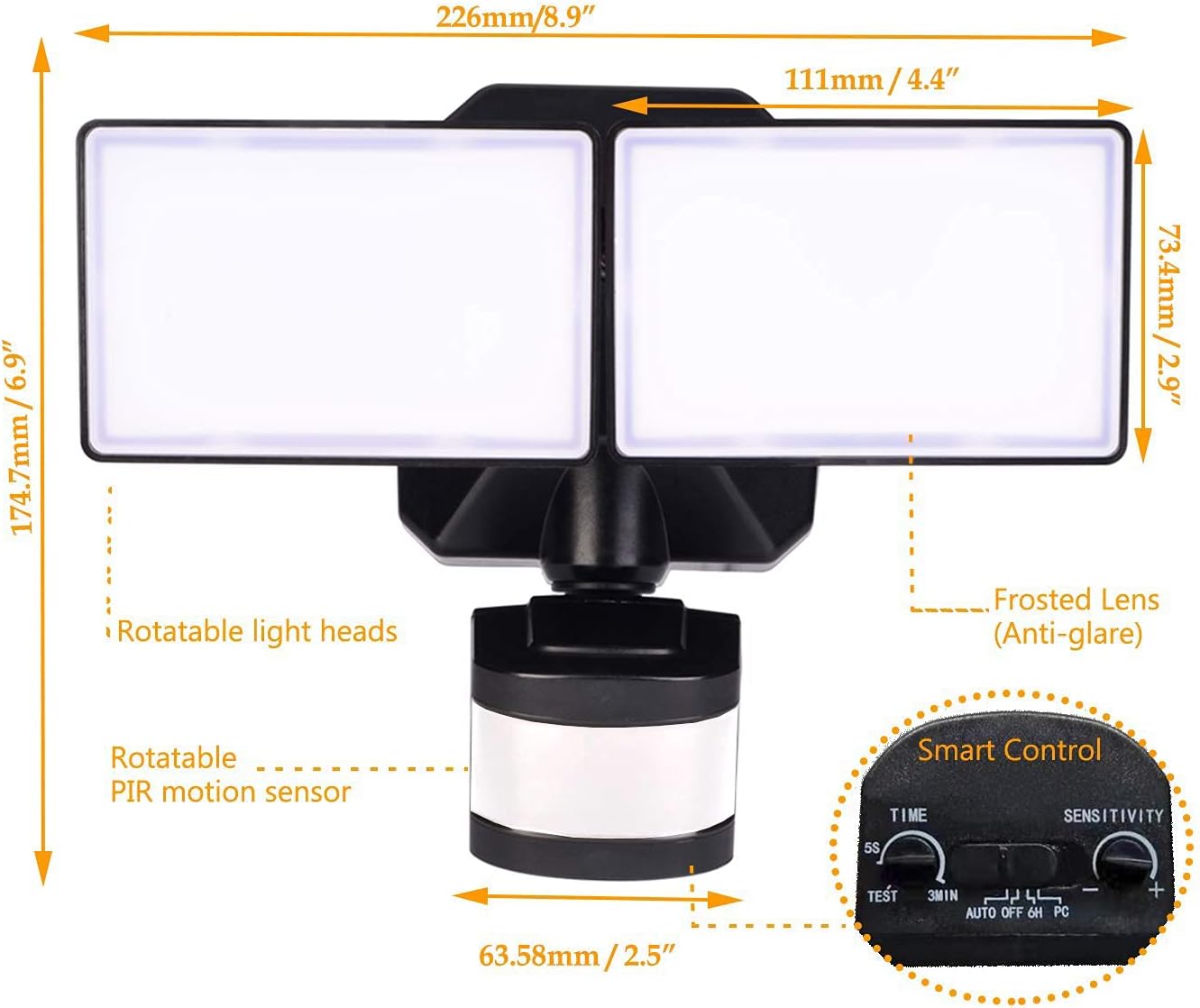 Dusk-to-Dawn Security Lights with Motion Sensor, 5000K IP65 Waterproof Outdoor, 280W Equiv. 110V 120V Dual-Head Rotatable LED Flood Light for Porch, Garage, Yard, Driveway