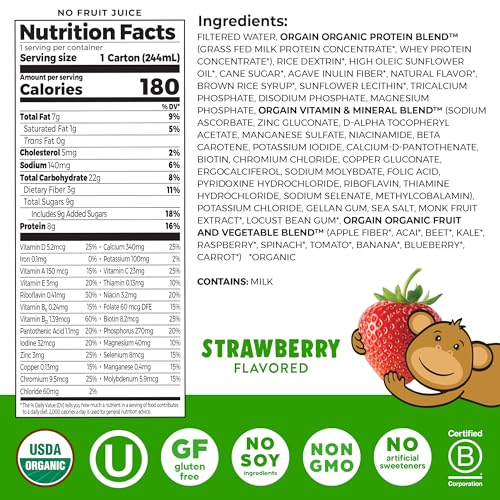 Orgain Organic Kids Dairy 8g Protein Shake, Chocolate, 8.25 oz, 12pk | Nutritional drink, grass-fed protein, 22 vitamins & minerals, 3g fiber, non-GMO, no soy, healthy snack for picky eaters