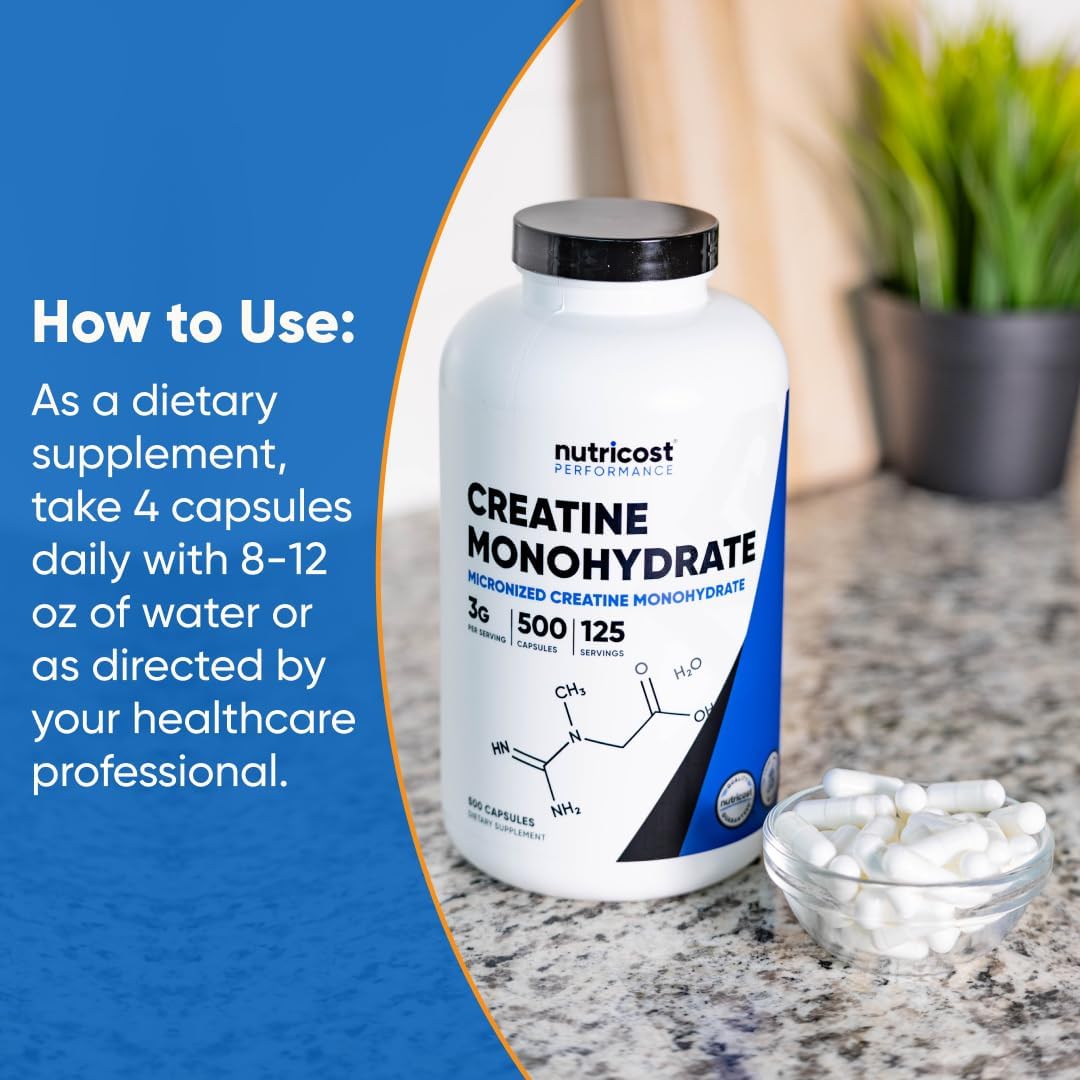 Nutricost Micronized Creatine Monohydrate (3,000mg) 500 Capsules | 125 Servings, 750mg Creatine Per Capsule