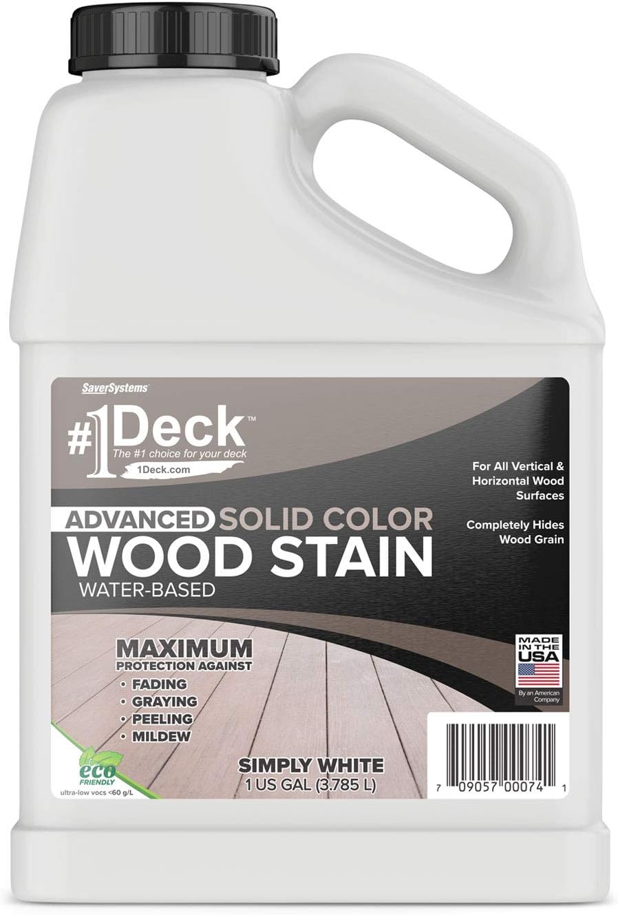 #1 Deck Premium Advanced Solid Color Outdoor Wood Stain and Sealer in One – Water Based Sealant for Wood Decks, Fences, & Siding - 1 Gal - Made in USA - Simply White