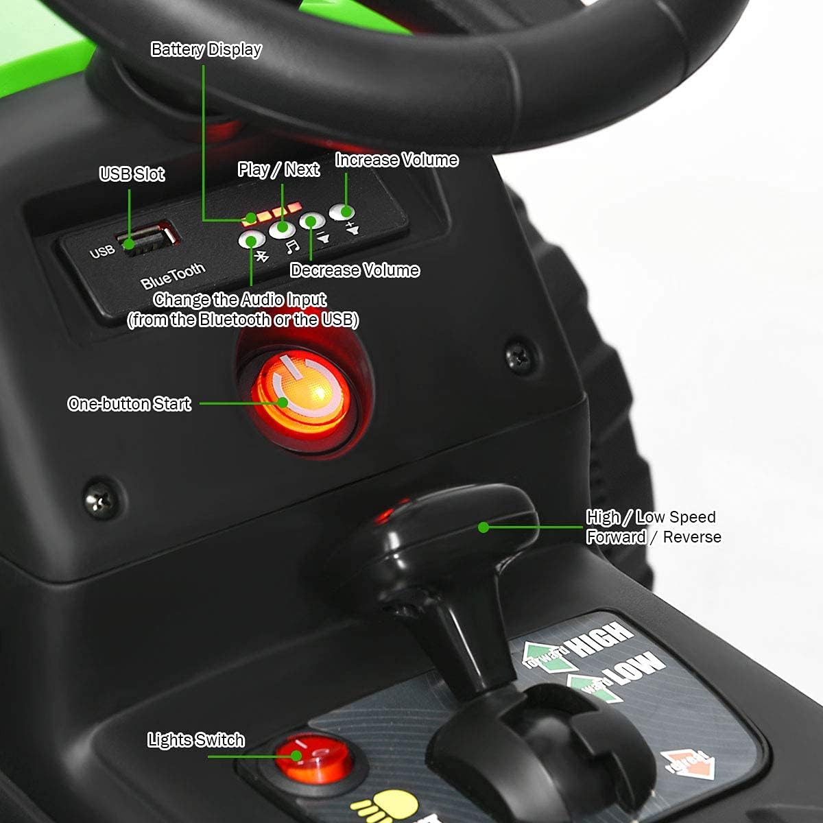 Costzon Ride on Tractor with Detachable Trailer, Kids' Electric Vehicles w/3-Gear-Shift Ground Loader, Wireless Design & USB, 7 LED Headlights