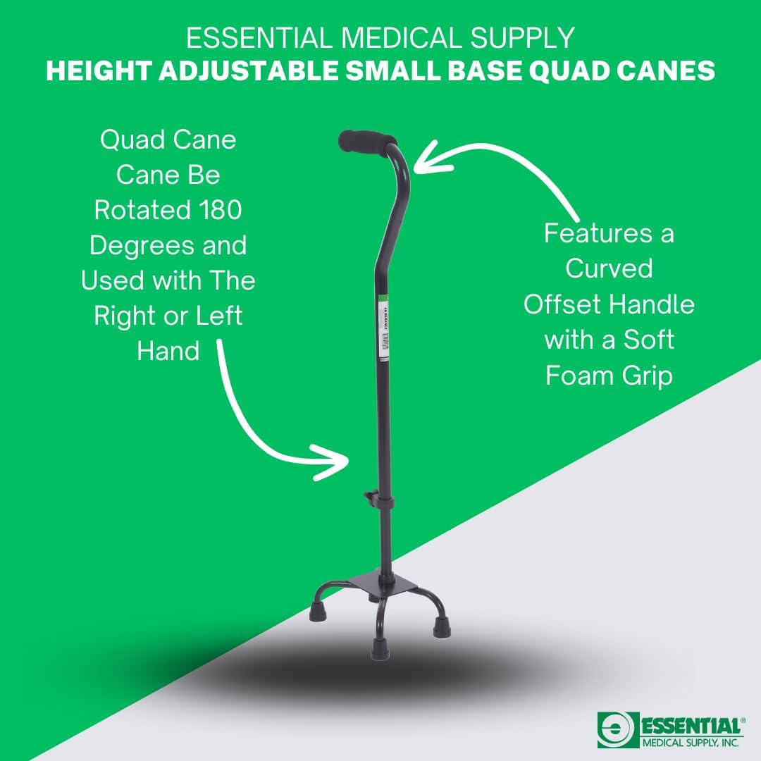 Essential Medical Supply Small Base Quad Cane in Black - Height Adjustable Walking Cane, Sturdy and Durable Walking Cane for Improved Mobility and Stability with 4 Prong Base and Rubber Tips