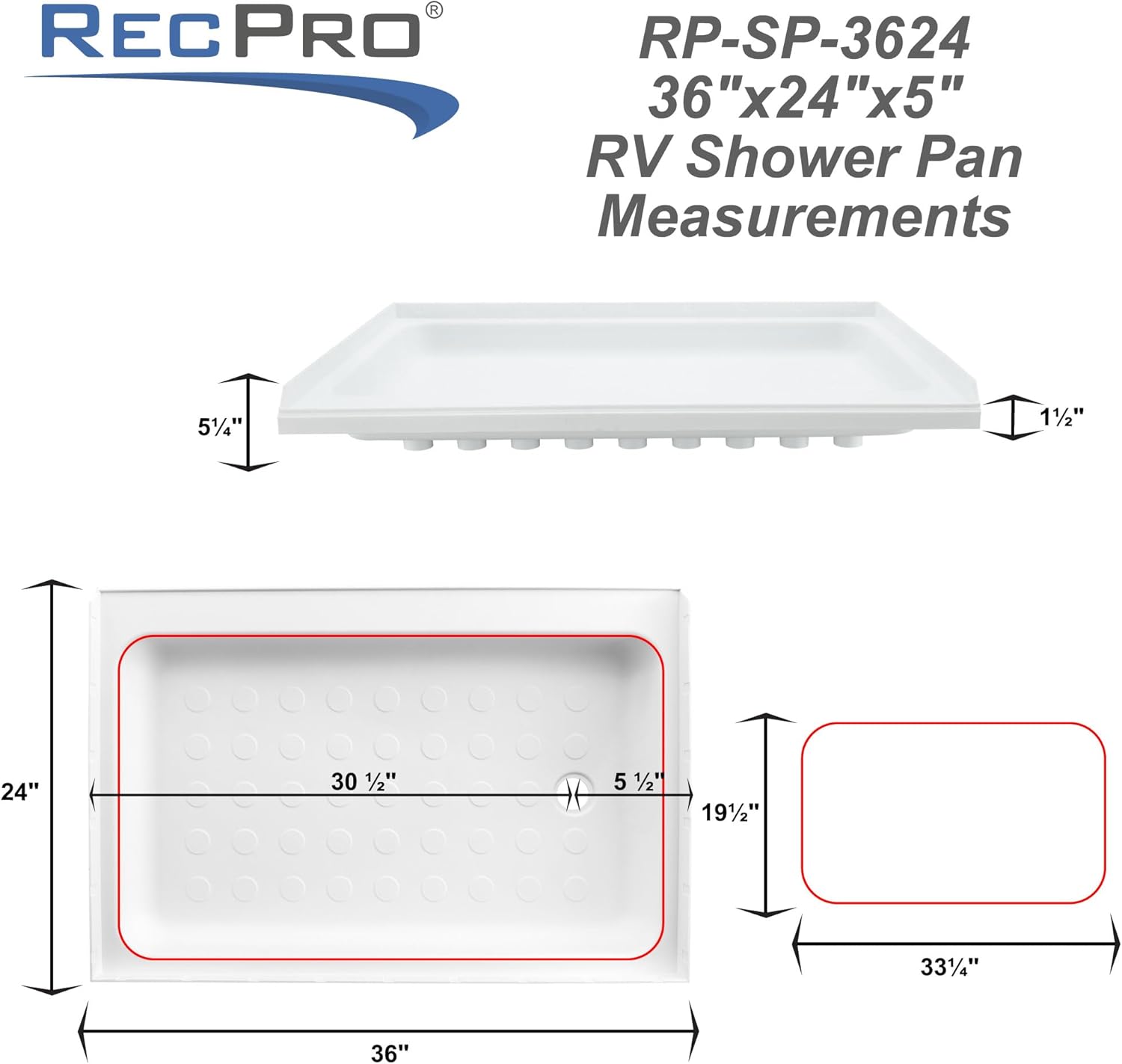 RecPro RV Shower Pan | 36" x 24" x 5" Right Drain in White | RV Shower Base | Camper Shower Pan