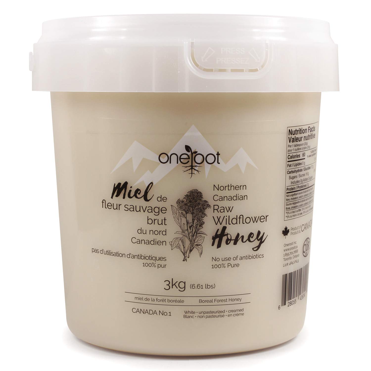 Oneroot 100% Canadian Wildflower Honey - 1.1 lbs, Unheated & Creamed - Nutrient-Rich, Natural Sweetener with Enzymes - Thick & Pure Raw Unfiltered Honey