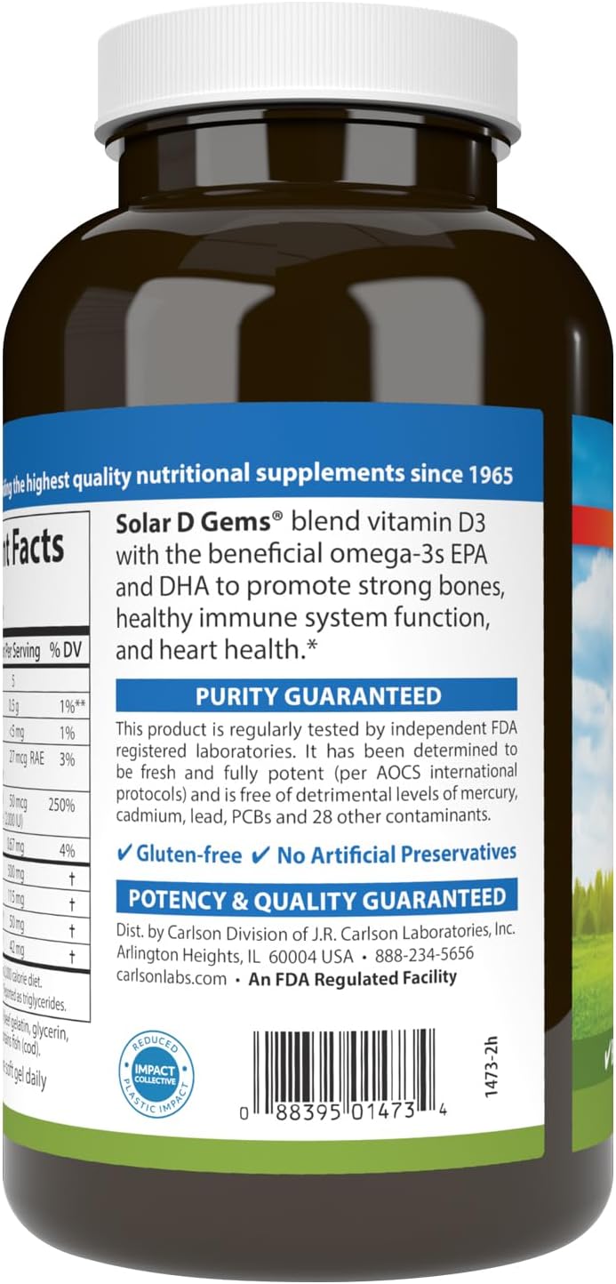 Carlson Solar D Gems, 2000 IU (50 mcg) Vitamin D3, Lemon, 360 Softgels | Vitamin D3 and Omega-3 Supplement, 115 mg Omega-3s EPA and DHA Supplement