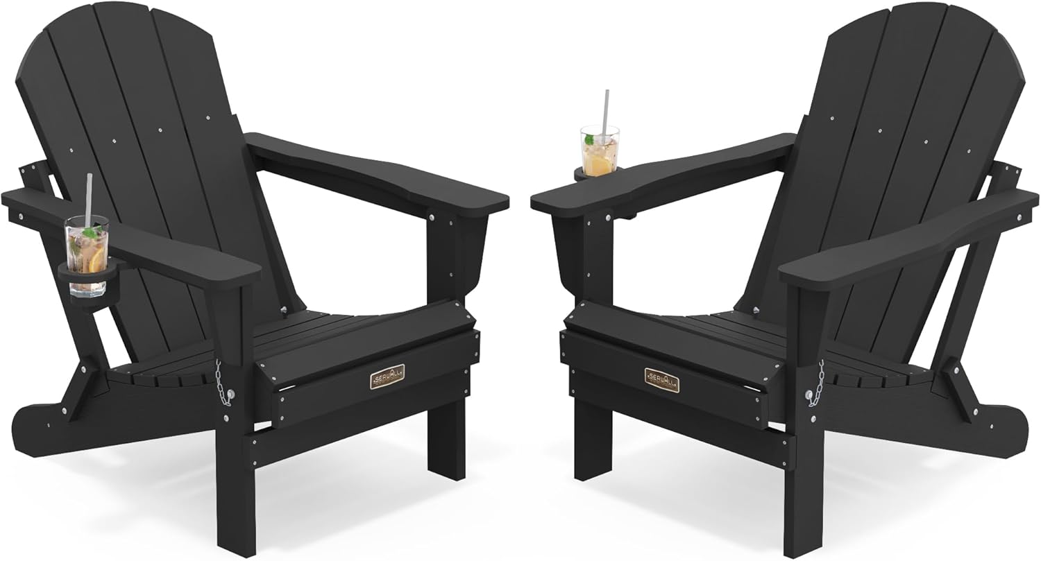 SERWALL Folding Adirondack Chairs with Cup Holder, Outdoor Fire Pit - Blue