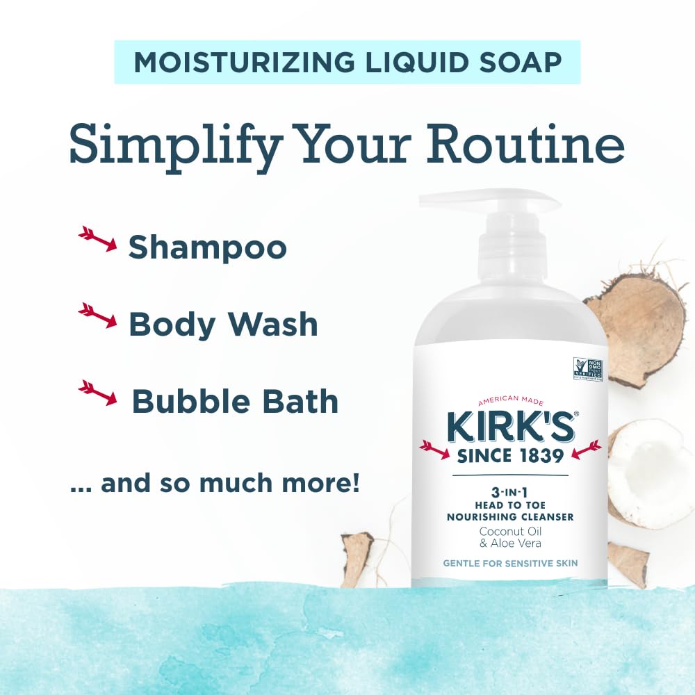 Kirk's Juniper & Lime​ 3-in-1 Nourishing Cleanser, Shampoo Body Wash Bubble Bath, Coconut Oil and Aloe Vera, Vegan Non-GMO, 32 Fl Oz