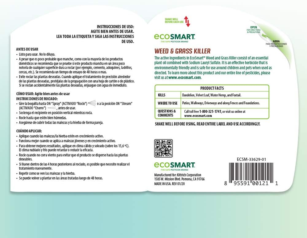 EcoSmart Natural, Glyphosate-Free Weed and Grass Killer Ready-to-Use Spray Formula for Lawns, Patios, Driveways and Pavers, 24 Ounce Bottle