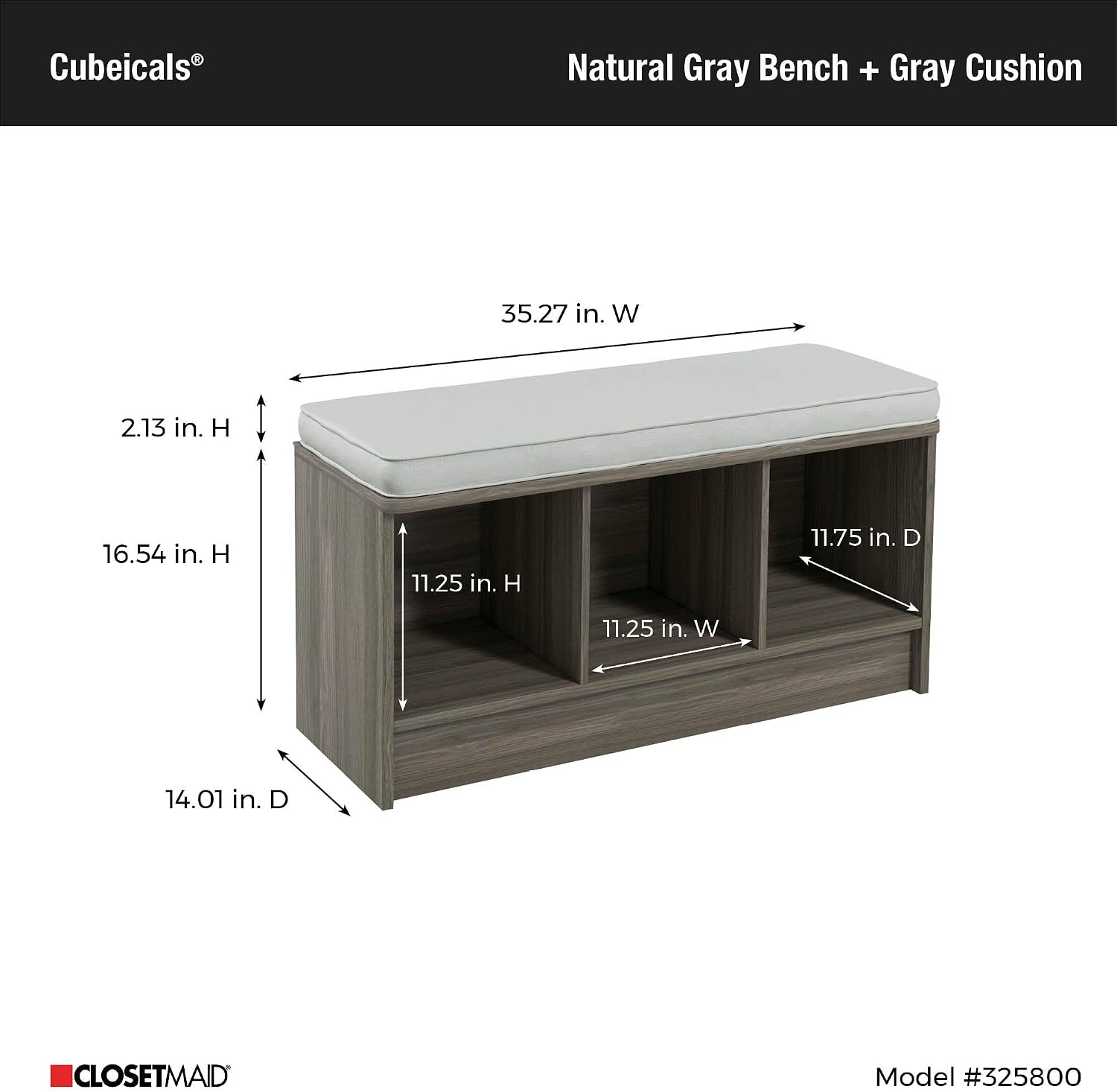 ClosetMaid 3258 Cubeicals 3-Cube Storage Bench, Natural Gray with Gray Cushion