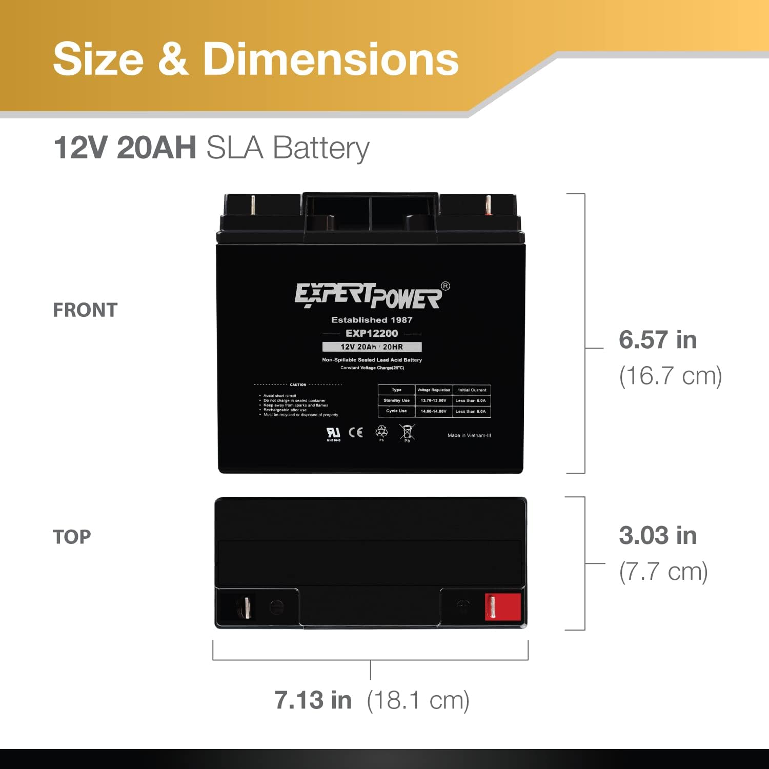 ExpertPower EXP12200 12V 20Ah - SLA Rechargeable 12V Battery for Ride on Toys, UPS, Lawn Mower, Generator, Medical Devices, Wheelchair