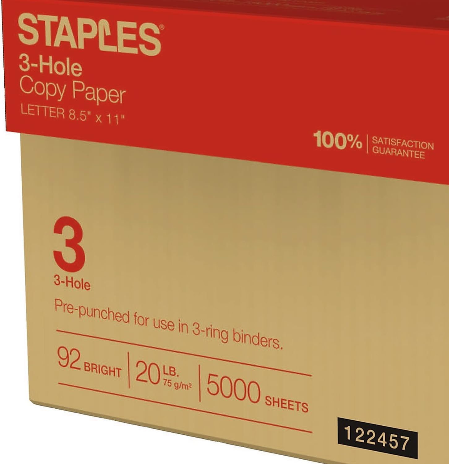 Staples 8.5" x 11" 3-Hole Punched Copy Paper, 20 lbs., 92 Brightness, 500/Ream