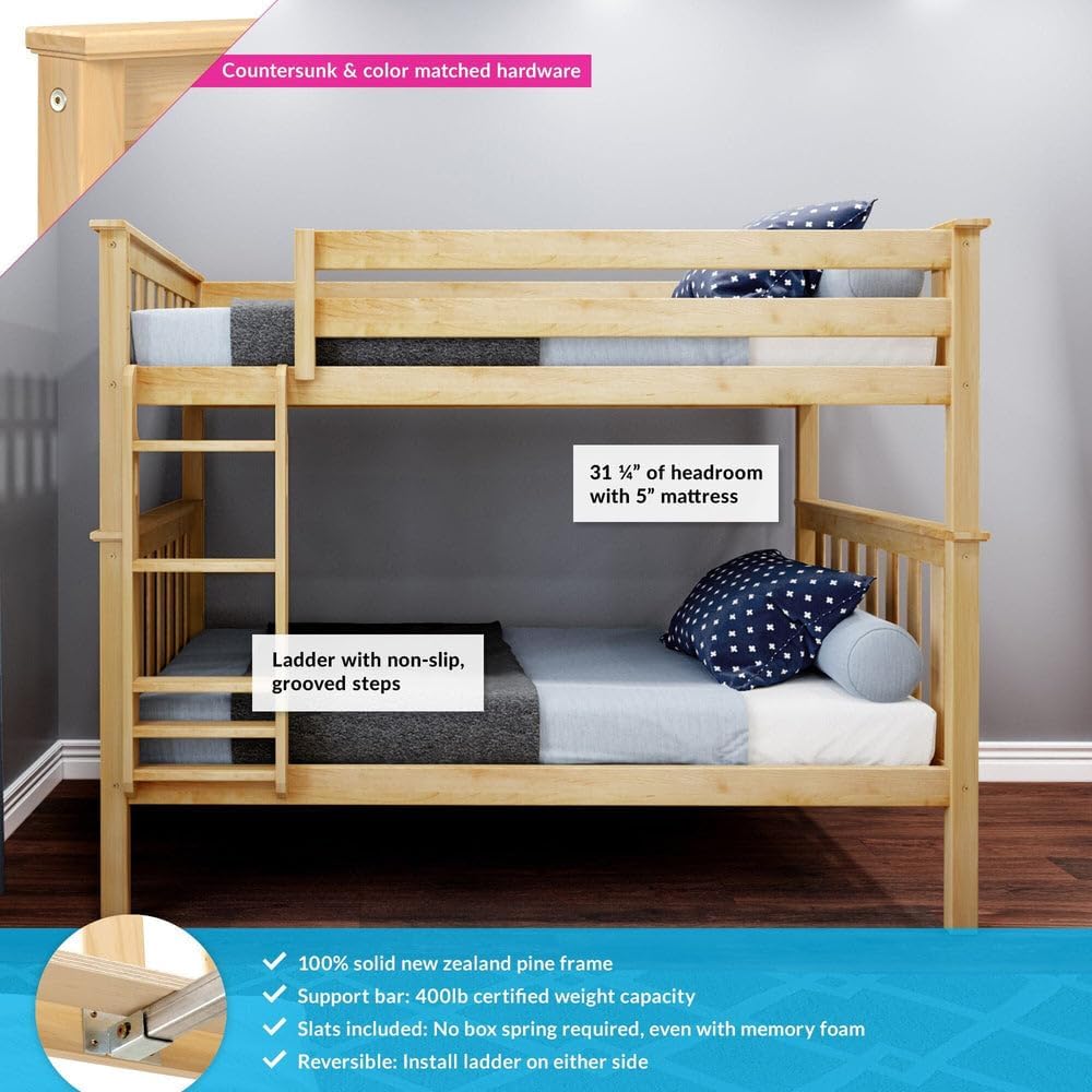 Max & Lily Bunk Bed Twin over Twin, Solid Wood Bunk Bed Frame with Ladder for Kids, 14" Safety Guardrails, Easy Assembly, No Box Spring Needed, White