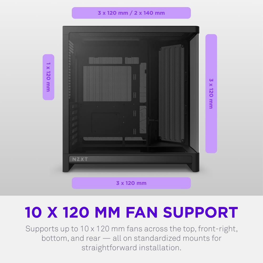 NZXT H6 - Compact Dual-Chamber ATX PC Case - White | Dual-chamber ATX case supporting up to 10 120mm fans and 360mm radiators, with back-connect motherboard compatibility.